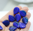 18mm Large dark blue leaves, czech glass flat leaf, 10Pc