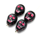 12mm Black skull beads Pink wash Czech glass beads, 4Pc