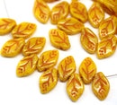 12x7mm Bright yellow leaf beads red inlays Czech glass - 30Pc