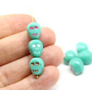 12mm Matte turquoise skull beads white wash Czech glass beads, 4Pc