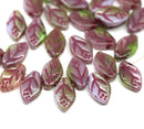 12x7mm Green purple leaf beads red inlays Czech glass - 30Pc