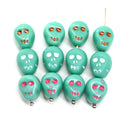 12mm Matte turquoise skull beads white wash Czech glass beads, 4Pc