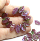 12x7mm Green purple leaf beads red inlays Czech glass - 30Pc