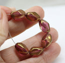 13x9mm Dark pink golden luster twisted czech glass barrel bead, 10Pc