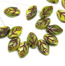 12x7mm Yellow green leaf beads purple inlays Czech glass 30Pc
