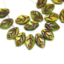 12x7mm Yellow green leaf beads purple inlays Czech glass 30Pc