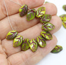 12x7mm Yellow green leaf beads purple inlays Czech glass 30Pc