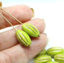 14x8mm Wasabi Green oval сarved Large czech glass barrel beads, copper wash, 8Pc