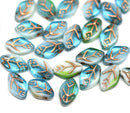 12x7mm Mixed blue green Czech glass beads copper wash, 30pc