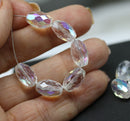 12x8mm Crystal clear barrel czech glass fire polished oval beads, AB finish, 6Pc