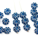 9mm Opal blue Czech glass daisy flower beads, silver wash, 20pc