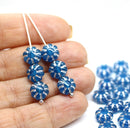 9mm Opal blue Czech glass daisy flower beads, silver wash, 20pc