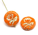 18mm Orange flower Czech glass beads, gold wash, 2pc