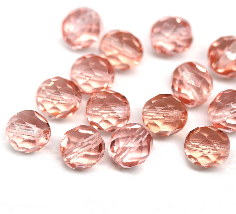 8mm Peach pink Czech glass fire polished round beads - 15Pc