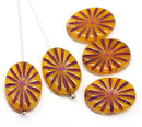 18x12mm Ocher yellow flat oval Czech glass beads sun rays, 4pc