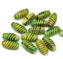 14x7mm Teal green long barrel czech glass beads yellow wash, 15Pc