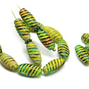 14x7mm Teal green long barrel czech glass beads yellow wash, 15Pc
