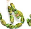 14x7mm Teal green long barrel czech glass beads yellow wash, 15Pc