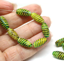 14x7mm Teal green long barrel czech glass beads yellow wash, 15Pc