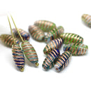 14x7mm Blue green long barrel czech glass beads copper wash, 15Pc
