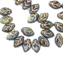 12x7mm Blue gray leaf beads copper inlays Czech glass pressed, 30Pc