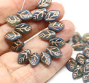 12x7mm Blue gray leaf beads copper inlays Czech glass pressed, 30Pc
