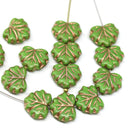 11x13mm Opaque green maple czech glass leaf beads copper wash, 15pc