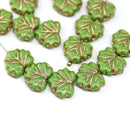 11x13mm Opaque green maple czech glass leaf beads copper wash, 15pc