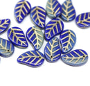 14x9mm Blue gray Czech glass leaves, gold wash, 15pc