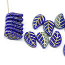 14x9mm Blue gray Czech glass leaves, gold wash, 15pc