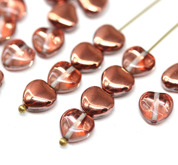 8mm Light copper heart, Transparent czech glass pressed beads, 30Pc