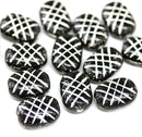 13x9mm Puffy oval black czech glass pressed beads, silver wash, 15pc