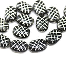 13x9mm Puffy oval black czech glass pressed beads, silver wash, 15pc