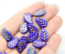 14x9mm Blue gray Czech glass leaves, copper wash, 15pc