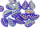 14x9mm Blue gray Czech glass leaves, copper wash, 15pc