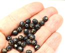 6mm Matte black round fire polished czech glass beads gold flakes, 30Pc