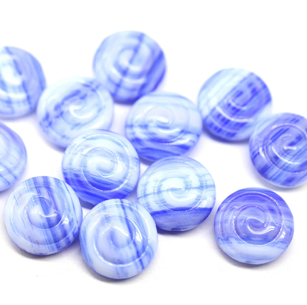 6Pc Blue Spiral beads, white and blue shells, Czech glass seashells - 13mm