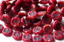 18mm Red flower Czech glass beads, floral ornament beads pair, 2pc
