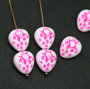 14mm White with pink strawberry czech glass beads, 4Pc