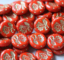 18mm Red flower Czech glass beads, gold wash, 2pc
