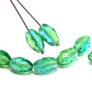 12x8mm Teal yellow barrel czech glass fire polished oval beads, 6Pc