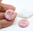 18mm Pink flower Czech glass beads, gold wash, 2pc