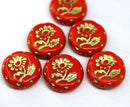 18mm Red flower Czech glass beads, gold wash, 2pc