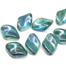 19x13mm Green oval Czech glass large wavy beads blue luster - 4Pc