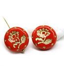 18mm Red flower Czech glass beads, gold wash, 2pc