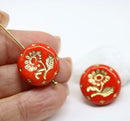 18mm Red flower Czech glass beads, gold wash, 2pc
