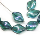 19x13mm Green oval Czech glass large wavy beads blue luster - 4Pc