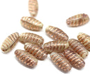 14x7mm Beige long barrel czech glass beads, copper wash, 15Pc