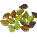 14x9mm Green brown Czech glass leaves, 15pc