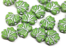 11x13mm Opaque green maple czech glass leaf beads silver wash, 15pc
